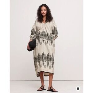 Banana Republic Linen Kaftan Midi Dress XL Black Moroccan Print V Neck Boho Chic